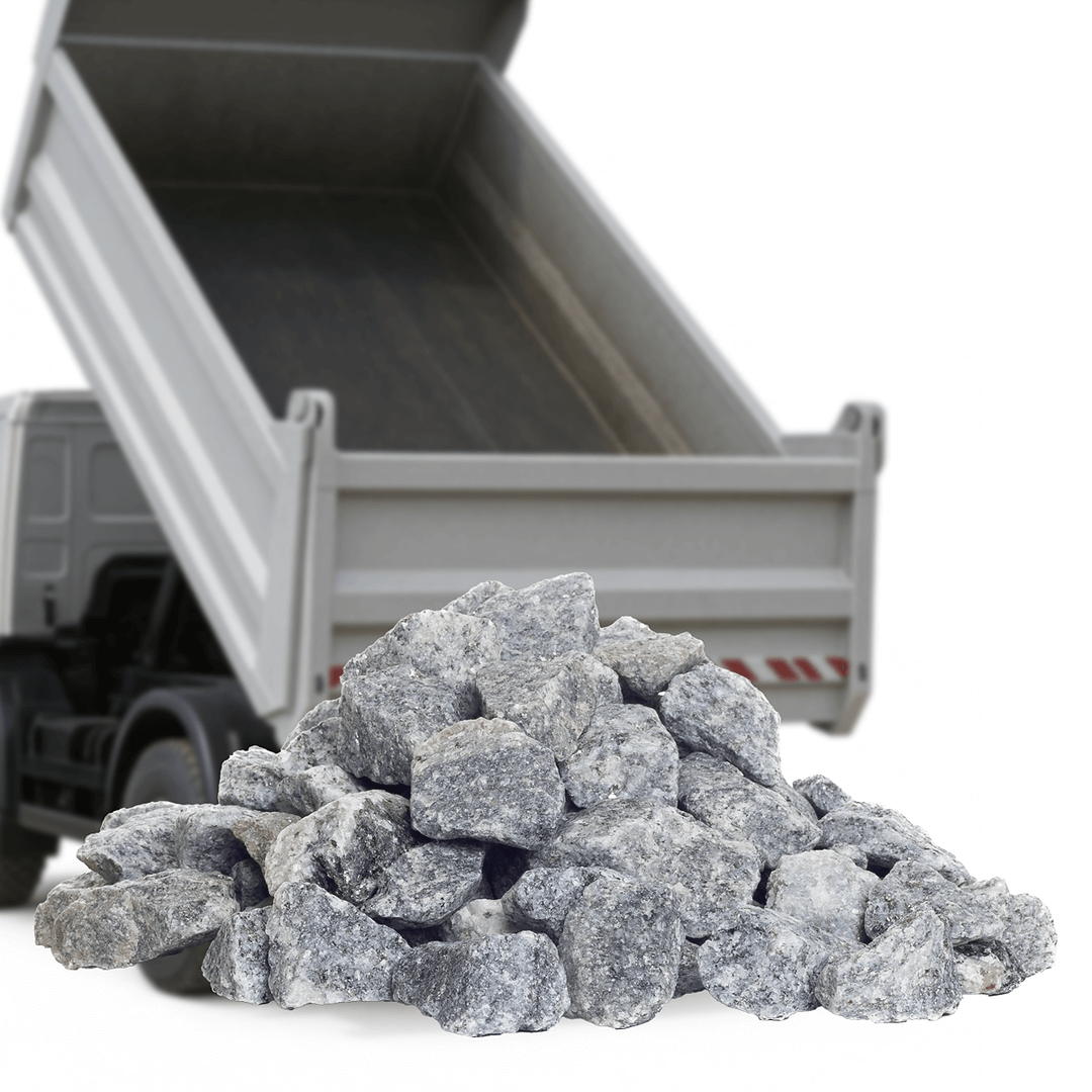 Grå granitskærver til indkørsel og bede fra Tiplevering.dk